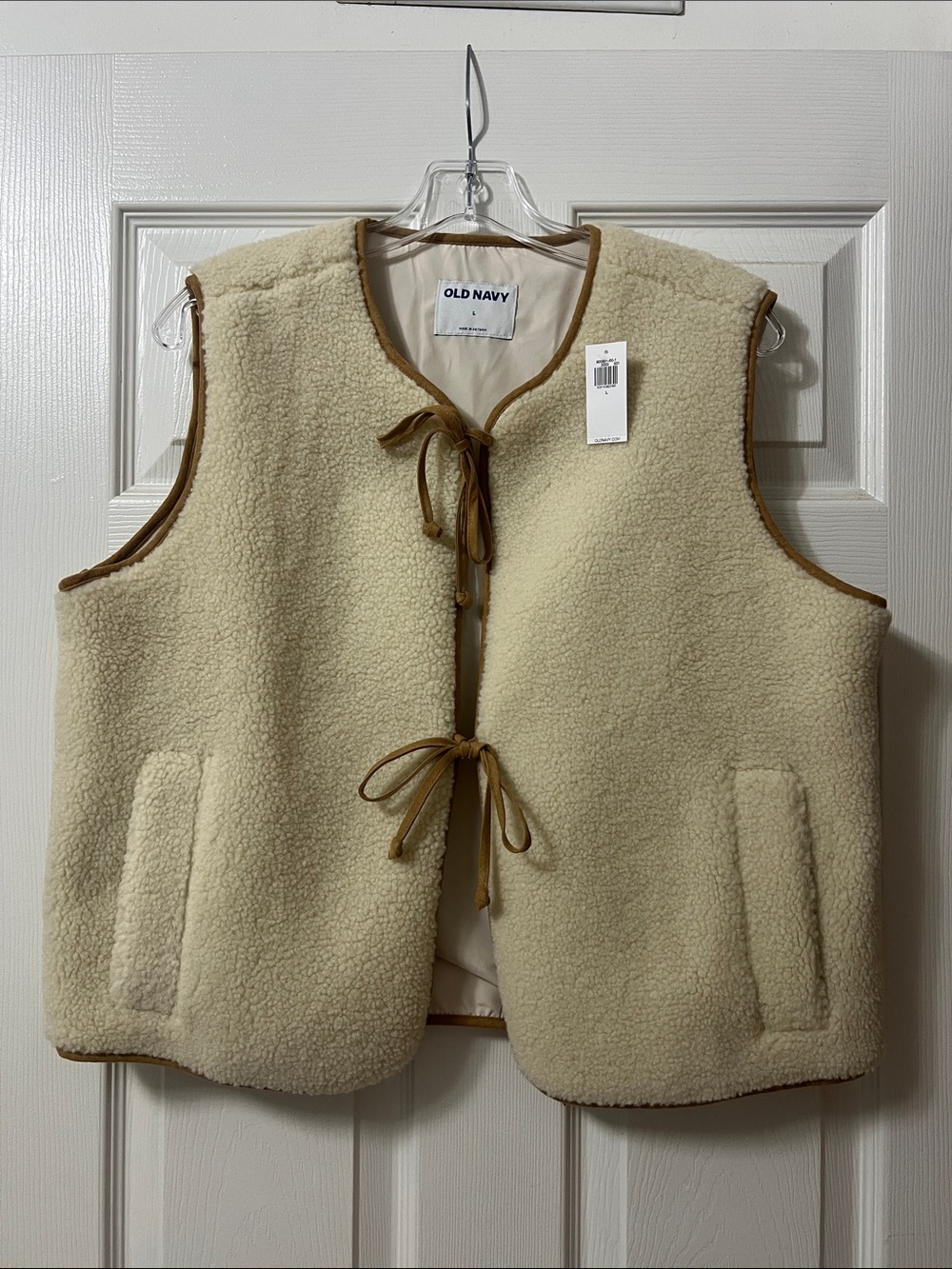 Old Navy Cream Sherpa Vest with Tan Trim and Tie Front